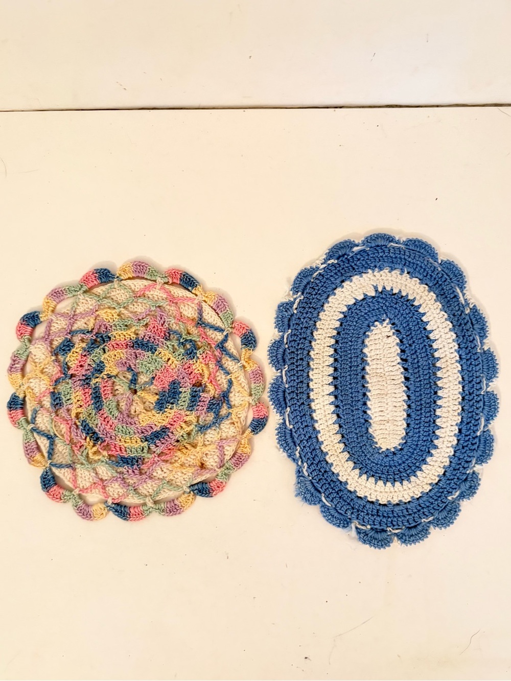 Vintage Set of 2 Hand Crafted Crochet Hot Pad Trivet Pastel Multicolor & Blue